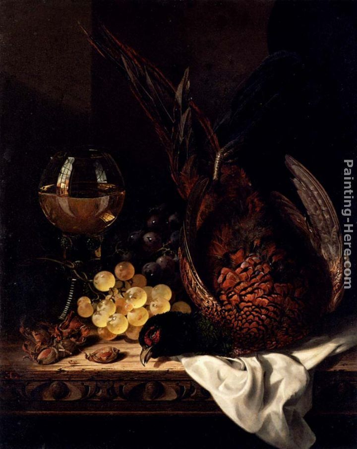 Edward Ladell Still Life with a Pheasant, Grapes, Hazelnuts and a Hock Glass on a wooden Ledge